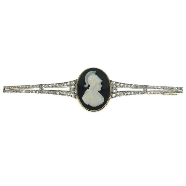 Vintage diamond bar brooch with Athena cameo hard stone